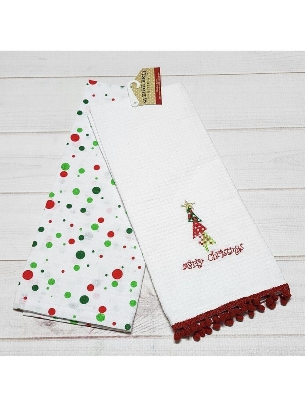 Sleigh Bells Bistro Embroidered 2 Piece Christmas Kitchen Towel Set New With Tag